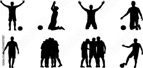 flat black silhouette illustrations of soccer players expressing emotions, including celebrating a goal, kneeling in joy, raising hands to the sky, teammates hugging