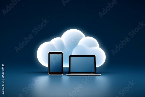 A cloud is displayed on a blue background with a laptop