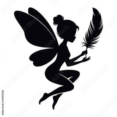 Fairy with Feather Wings & Quill Silhouette, Vector, Illustration, Icon, Logo, White Background.
