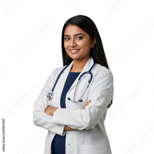 young indian female doctor standing straight with arms crossed and soft smile