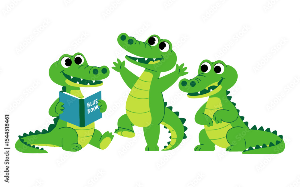 Obraz premium “Adorable Green Alligators – Educational Cartoon Characters with Book on White Background”