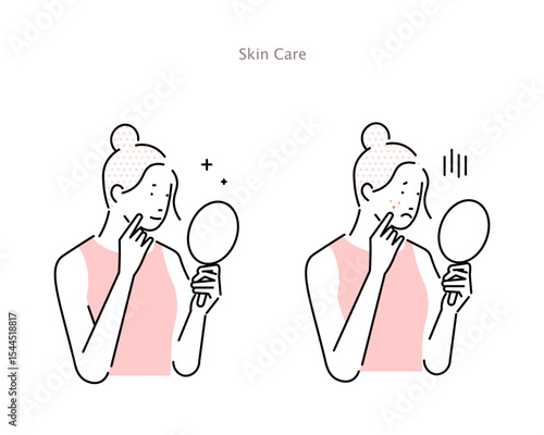 vector illustration of  woman looking into the mirror-illustration of woman with pimples and blemishes and beautiful skin　鏡を見る女性ーニキビやシミに悩む女性と綺麗な肌の女性のイラスト素材