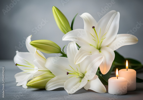 Peaceful condolence background with white lilies and lit candles on a textured grey surface, symbolizing sympathy and remembrance