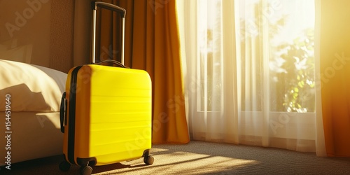 Yellow suitcase on wheels in a hotel room, sunlight streaming through the window, a travel concept with ample space for text. High-quality photograph. Unreal engine rendering.