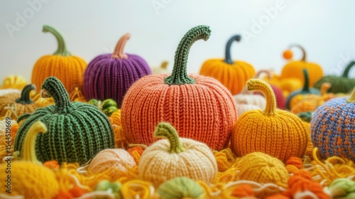 Colorful Handcrafted Crochet Pumpkins on a Vibrant Yarn Background for Fall and Autumn Decor Ideas