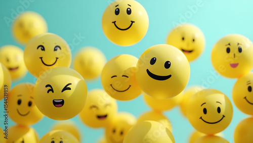 Many yellow balls with smiling faces. Social media and communications concept background.




