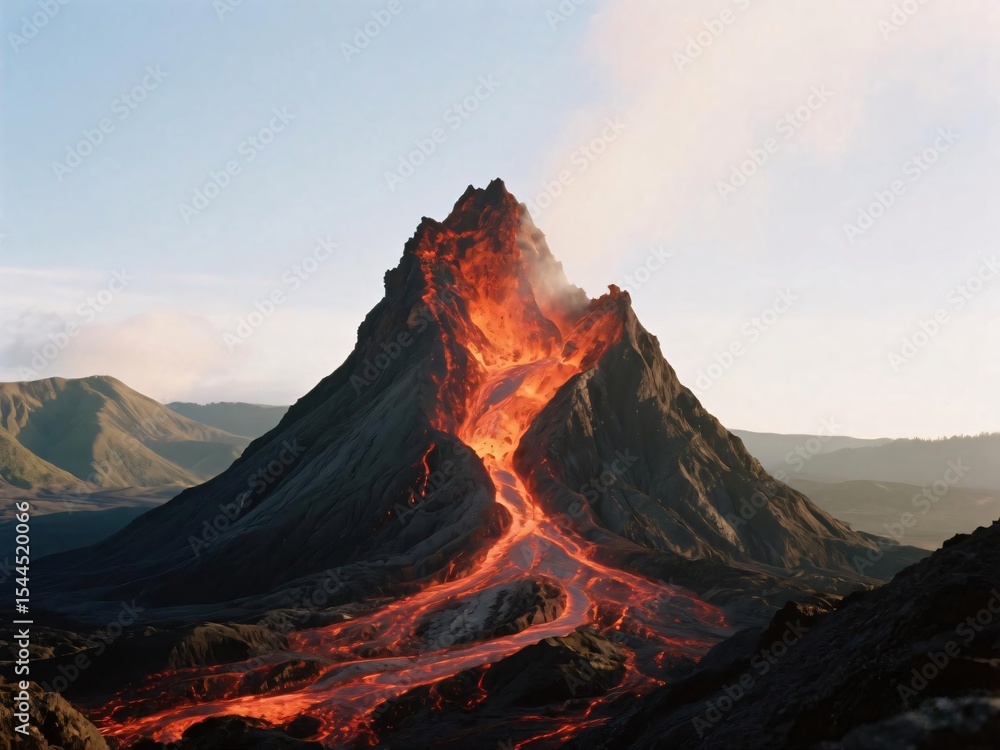 Fototapeta premium Erupting Volcano with Flowing Lava