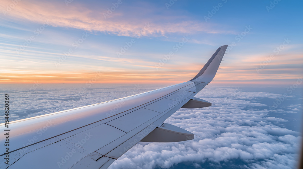 Obraz premium View through an airplane window during the golden hour, The aircraft wing extends over a sea of fluffy clouds, with a vibrant gradient of orange, pink, and blue in the sky,dramatic perspective. 