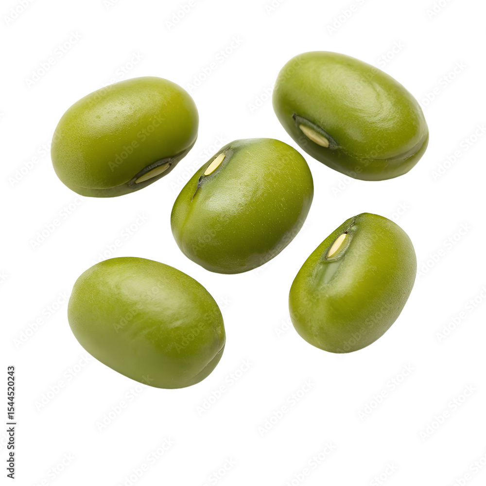 Obraz premium Several green mung beans placed individually on a transparent background, each one with a slightly different angle to show their oval form