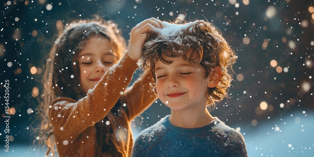 Obraz premium Two children playing in the snow, one holding snowflakes above the other's head.