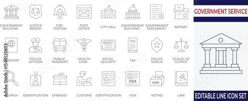 A versatile line icon set illustrating essential public services and government functions. Perfect for civic websites, infographics, apps, and legal documentation visuals.