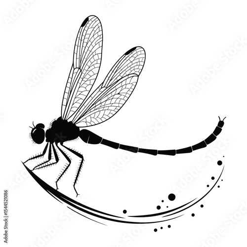 Dragonfly in Flight Path Silhouette, Vector, Illustration, Icon, Logo, White Background.