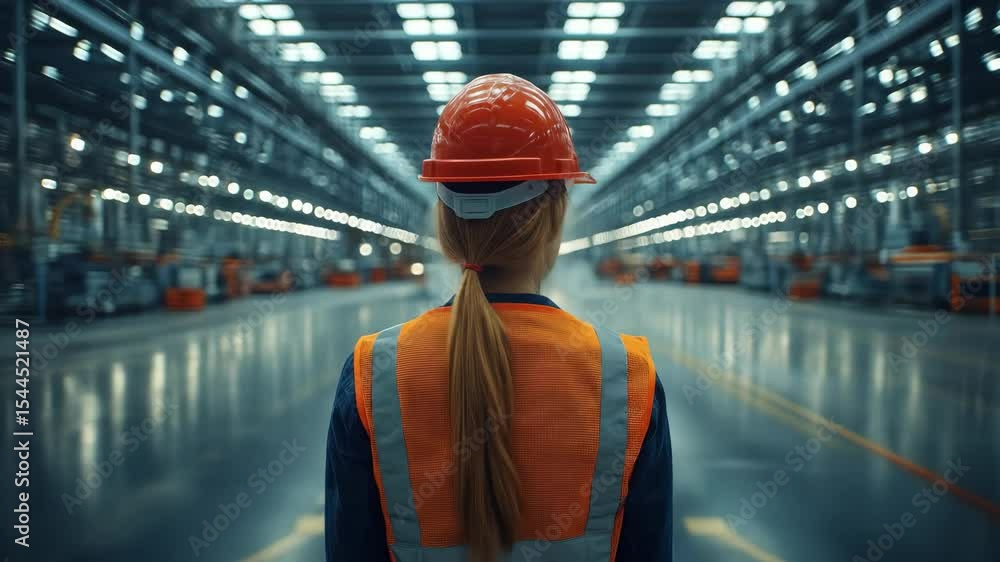 Woman in hardhat in blurred factory Woman in hardhat in blurred factory