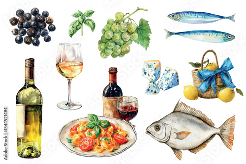Set of Italian cuisine products. Sardines, wine, fish, pasta, blue cheese, grapes, lemons and spices. Mediterranean concept. Watercolor elements of seafood cuisine. Vector illustration.