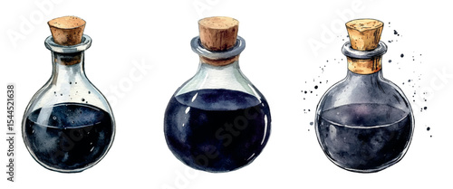 Collection of bottles with black potion png. Watercolor magic glass jars with black dark potion and closed with wooden cork. Magic drinks in bottles. Witch elements for Halloween. Vector illustration.