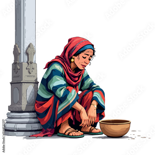 Vsai sad refugee woman wearing traditional clothes begging for money in the street