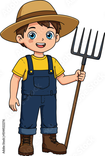 Cute Cartoon Young Farmer Boy Character Wearing a Straw Hat and Overalls, Holding a Pitchfork, Ideal for Agriculture, Rural Life, and Farming-Themed Educational Designs.