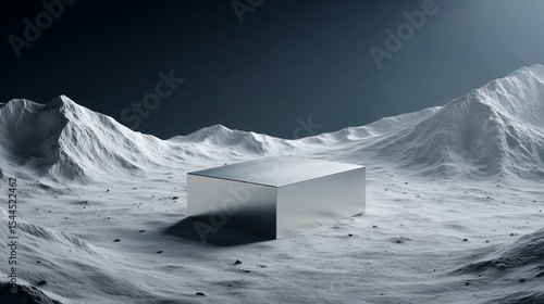 A silver podiumsurrounded by the lunar surface. The background is a surrealistic style of snow-capped mountains, rendered using Cinema 4D, with a glass-like feel and created using Octane Render,