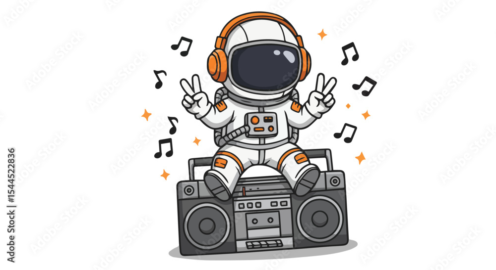 Fototapeta premium Cool Astronaut Sitting on a Boombox with Headphones and Dancing to Music