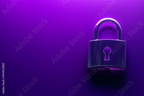 Cyber security concept with a padlock on violet background. 3d padlock against a vibrant purple background, symbolizing security and protection for data or personal information