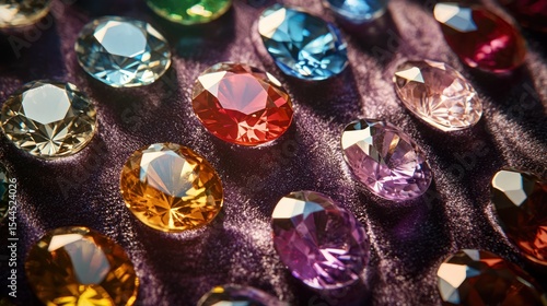 A collection of colorful gemstones arranged on a dark, textured surface.