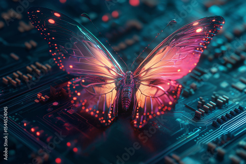 Digital butterfly glowing in a futuristic circuit