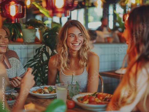 half up body shot, a group of friends, they are sitting in a vegan cafe, feasting, talking and laughing face to face, real and natural, organic interaction, cosy environment