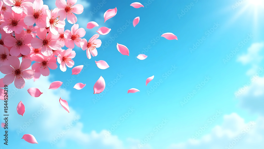 Fototapeta premium Pink Cherry Blossoms Falling Blue Sky Background flowers