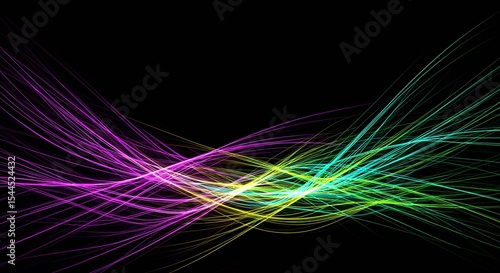 Abstract colorful neon lines purple pink cyan yellow flowing on black background. Digital energy waves motion dynamic streams. Technology futuristic art concept banner horizontal