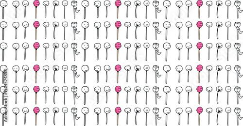 Vector art in the form of many lollipops or sucking candies together with cartoon characters in different emotions.