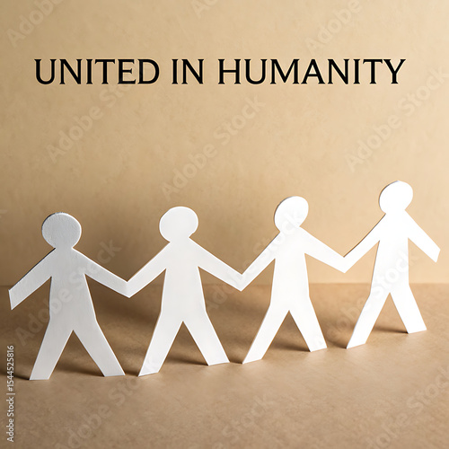 Paper Cutout People Holding Hands Symbolizing Unity and Togetherness with United in Humanity Text on a Neutral Background