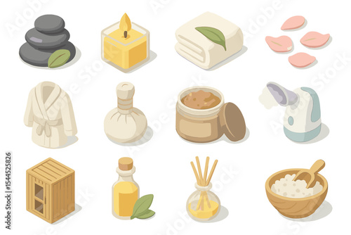 Spa and wellness elements: candles, oils, towels, aromatherapy, massage stones