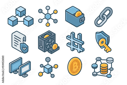 Blockchain and cryptocurrency icons featuring network and security elements