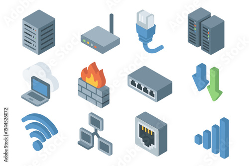 Isometric network icons: server, router, firewall, cloud, and more