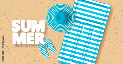 Beach hat, striped flip-flop sandals and inflatable mattress on sandy beach
