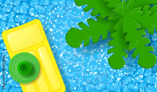 Summer beach poster. Beach hat, mattress and palm tree