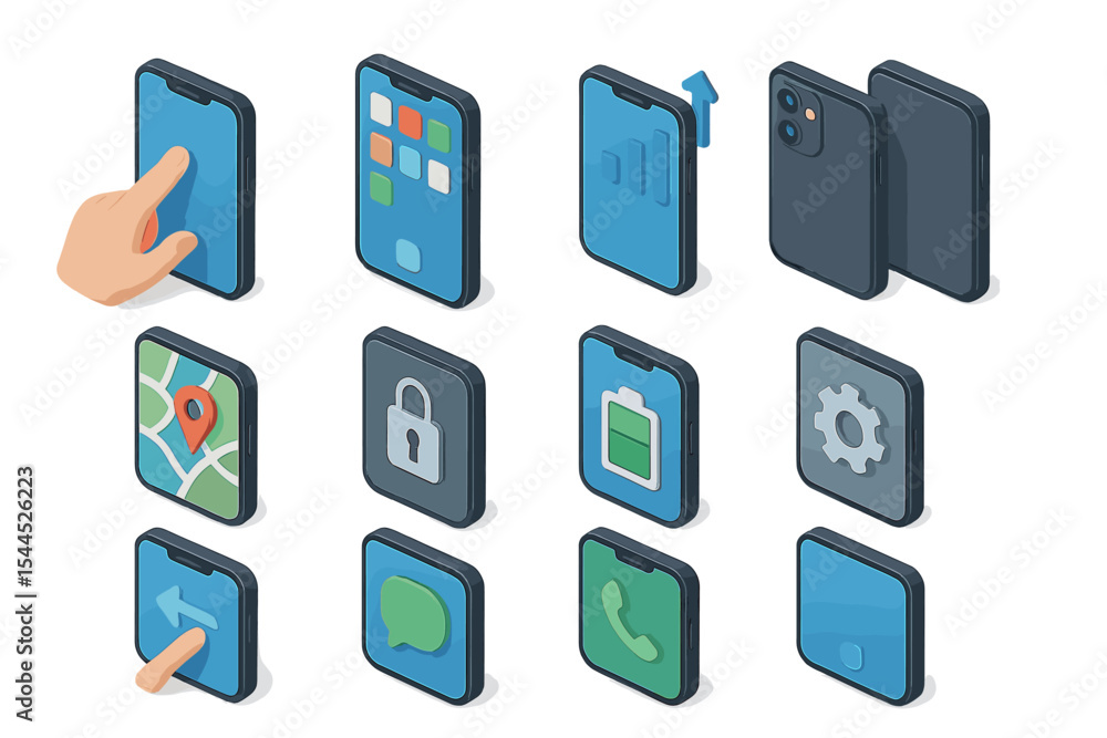 Isometric smartphone icons set with apps and features in blue tones