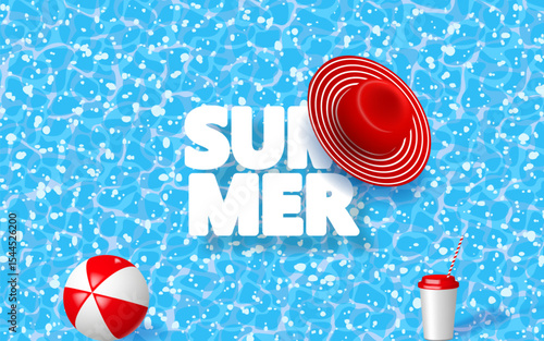 Swimming pool, beach ball, cardboard cup, summer hat and text SUMMER