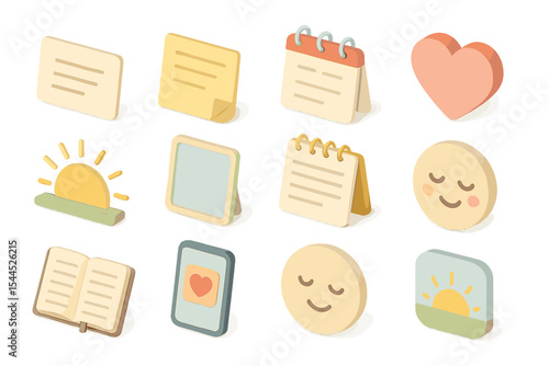 Colorful 3d icons of stationery and emojis with playful designs