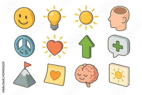 Colorful icon set with symbols of positivity peace love and growth