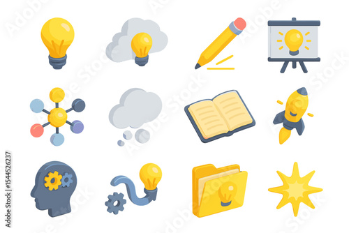 Creative idea icons featuring light bulbs and innovative concepts