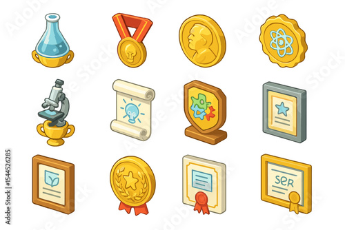 Scientific achievement icons assortment with medals, trophies, and certificates