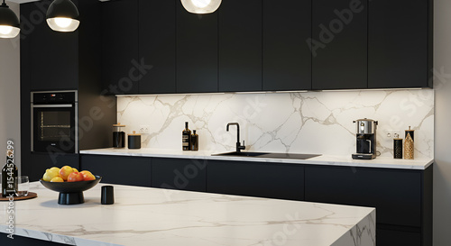  Sleek Black Kitchen with White Marble Countertops
