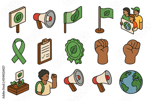 Environmental activism icons: flags, megaphones, earth, people protesting