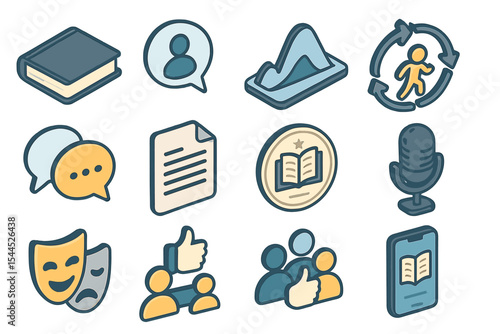 Set of communication and education icons with diverse illustrations