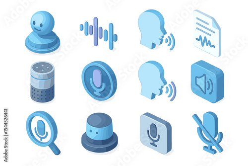 3d blue voice recognition and communication icons set on gradient background