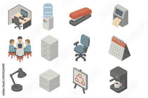 Office icons set featuring equipment, furniture, and meetings
