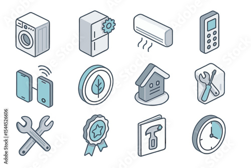Household appliance and repair icons in blue and gray tones