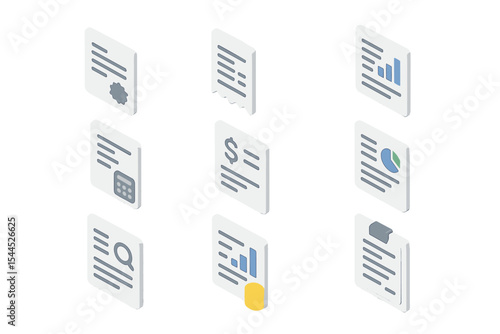 Isometric document icons with financial and analytical elements