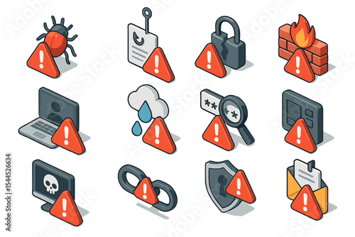 Isometric cybersecurity icons with warning symbols in vector art